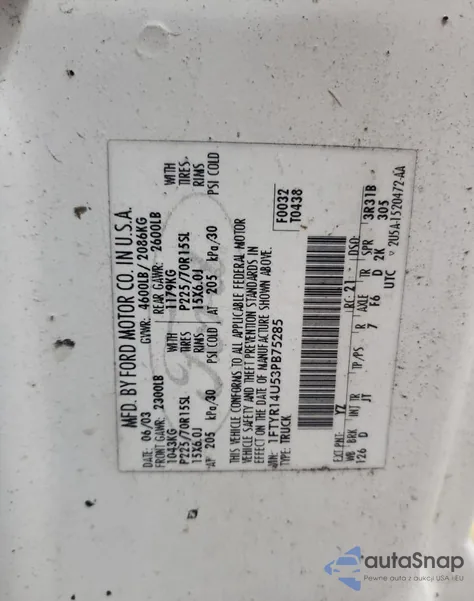 2003 Ford Ranger Super Cab from USA, damaged, VIN 1FTYR14U53PB75285